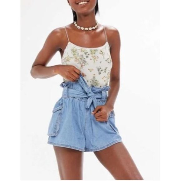 Urban Outfitters Shorts Fiona Blue Denim Belted Paper Bag Waist Sz S 1379 - Picture 1 of 11